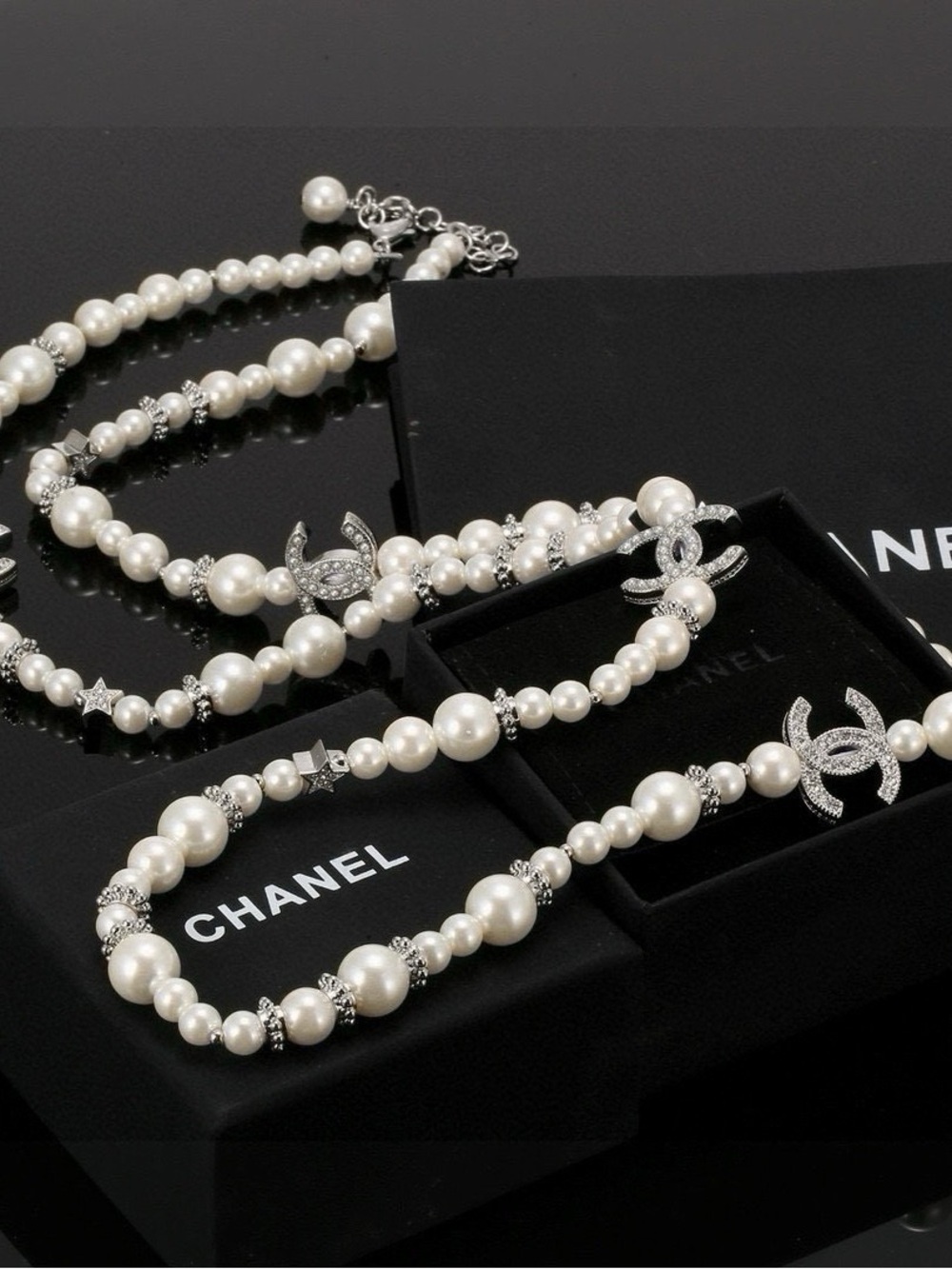 CHANEL Cream Pearl Necklace with Silver Crystal CC Accents